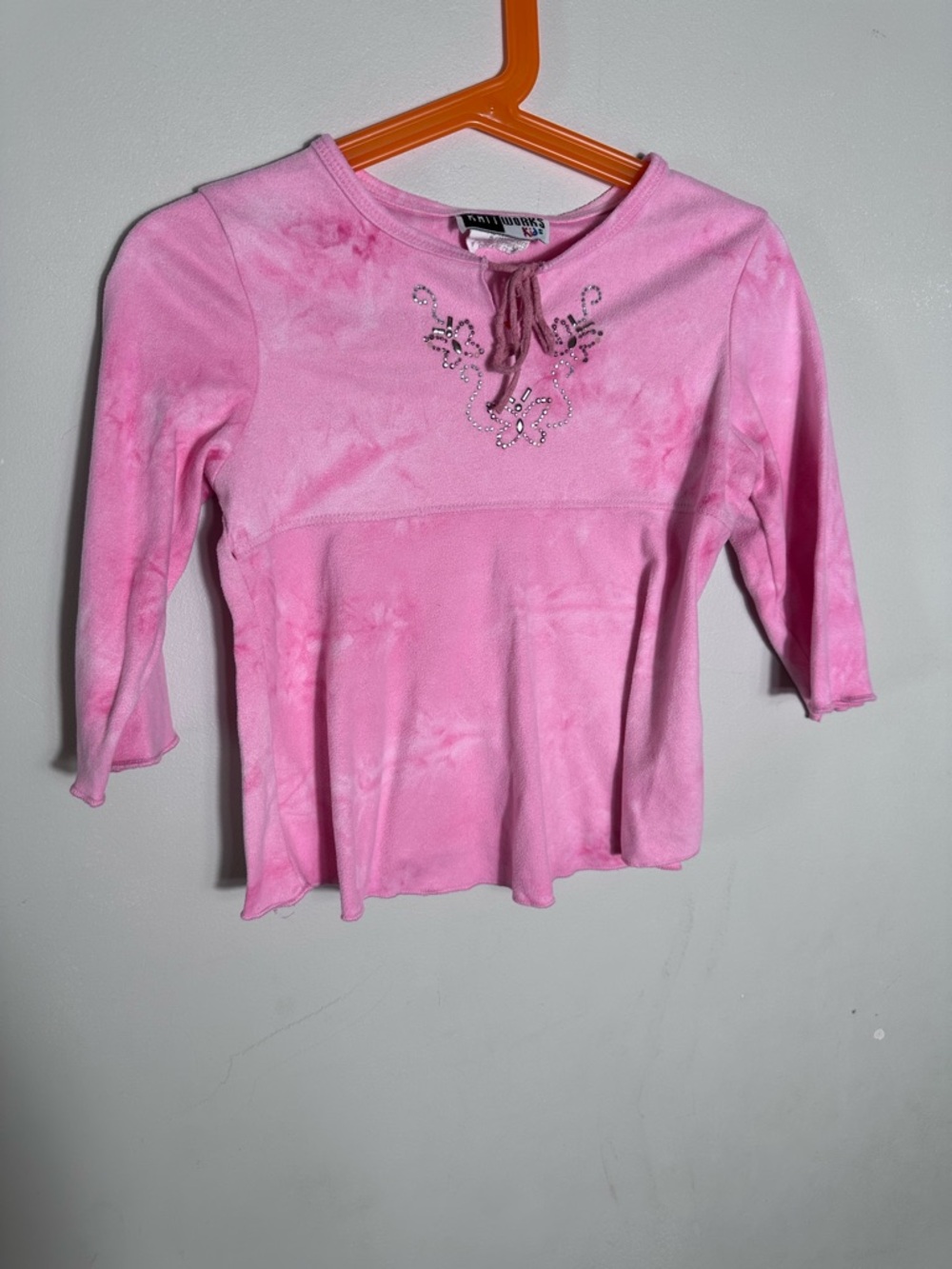Y2K Pink Tie-Dye Long Sleeve Top with Rhinestone Detail